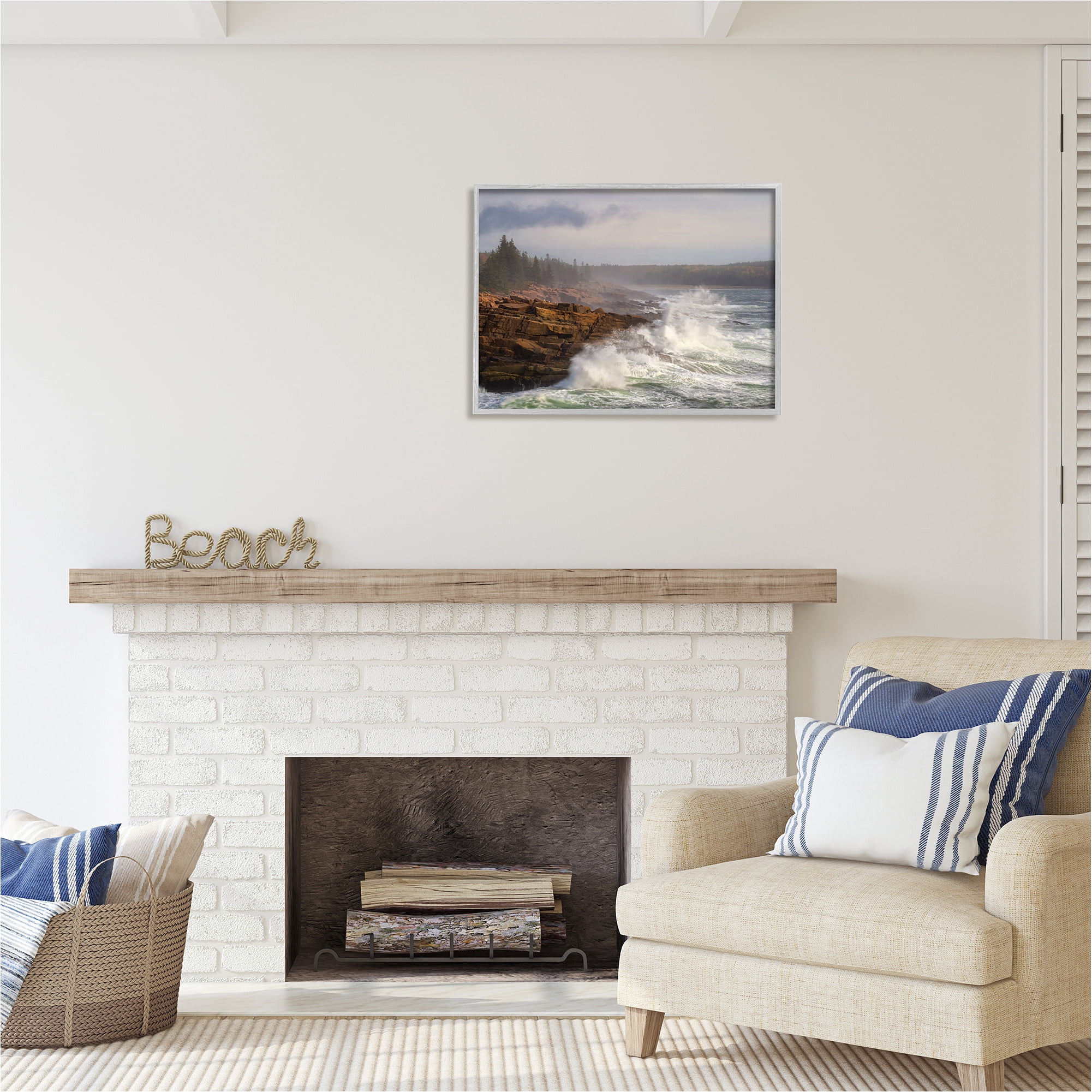 Stupell Industries Rough Waves on Cliff Landscape Photography Gray Framed Art Print Wall Art, 30 x 24