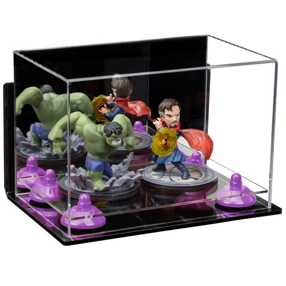 Versatile Acrylic Display Case - Small Rectangle Box with Mirror, Wall Mount, Purple Risers and Clear Base 9.5" x 6" x 6.5" (A005-PR)