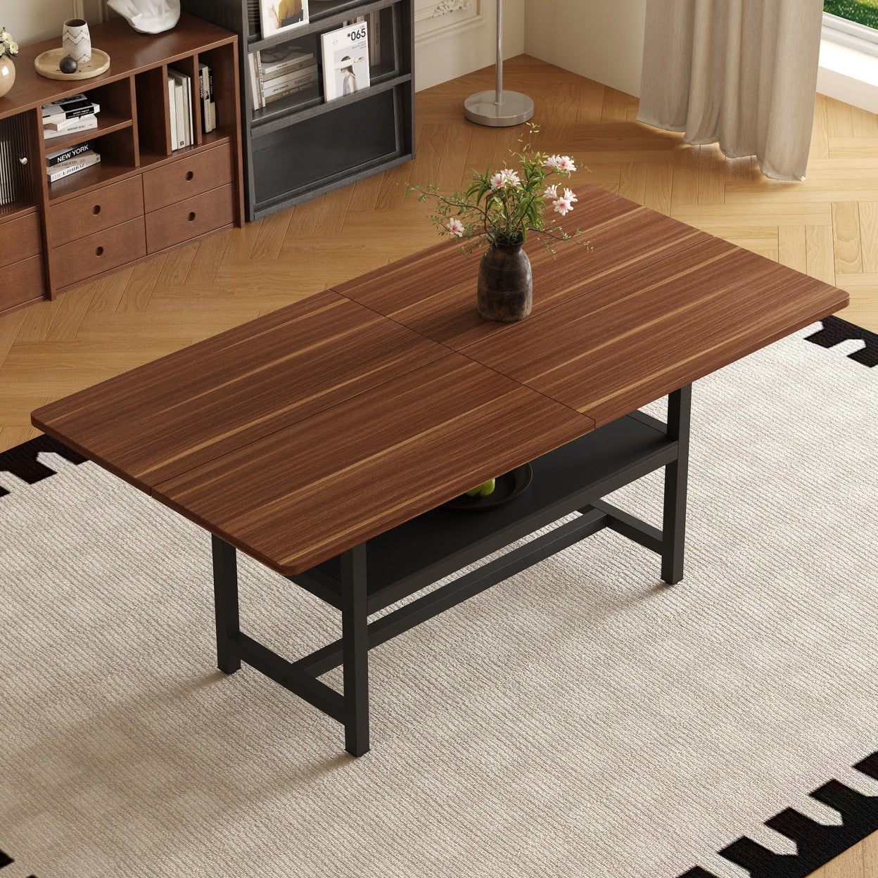 71 * 35.4" Dining Table for 6-8, Modern Rectangular Kitchen Table with Wood Grain MDF Top, Storage Shelf, Black Metal Legs for Dining Room & Living Room, Walnut