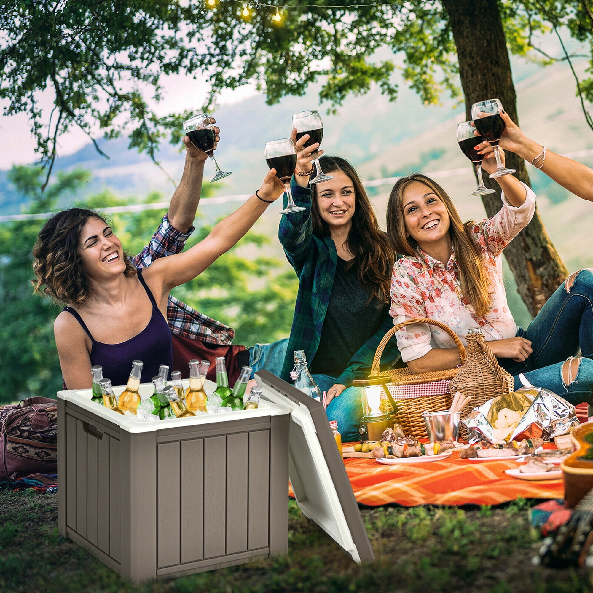 Gymax Patio 10 Gallon Ice Cube Cooler Box Table Stool Storage W/Handle Brown