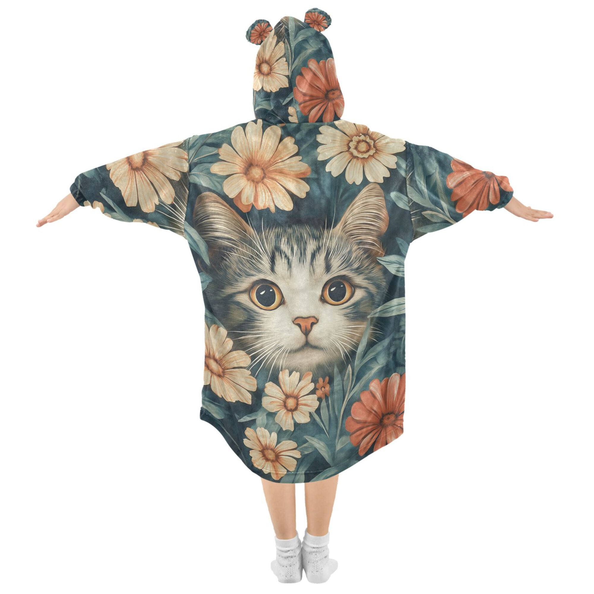 FORMRS Wearable Blanket Hoodie with Sleeves for Kids Cozy Flannel Sweatshirt, Flowers Cat