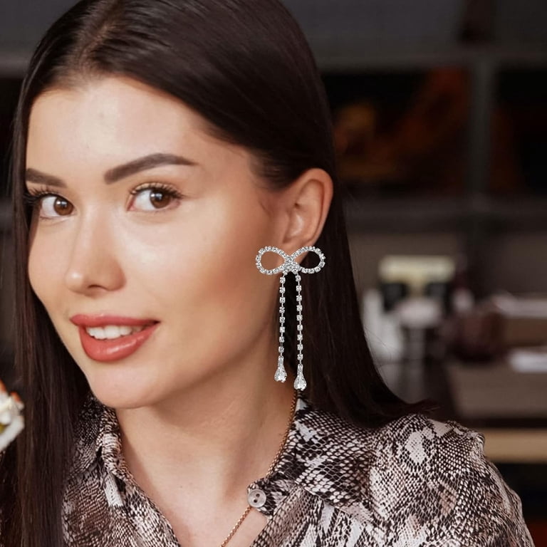 earrings for bridesmaid dress Rhinestone Bow Women, Elegant Bridal Jewelry Statement Drop Dangle Earrings, Wedding Guest Matching Accessories, Gift, Color:As_Picture The wonderful accessory to ASOS EDITION beaded fringe civil wedding