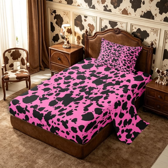 Manfei Farm Cow Spot Twin Sheets 3pcs,Rustic Farm Animal Bedding,Pink Black,1 Flat Sheet,1 Fitted Sheet and 1 Pillowcase