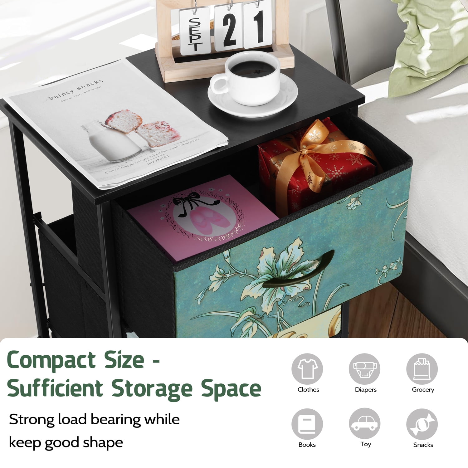 4 Drawers Dresser for Bedroom, Vesteel Fabric Chest of Drawers Tall Storage Tower with Wood Top and Sturdy Steel Frame, Storage Organizer Unit for Closet /Living Room /Hallway - Retro Floral