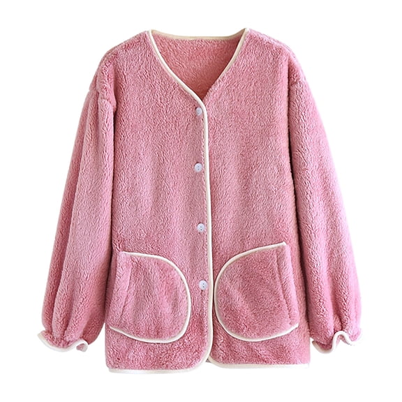 LIaqionyy Womens Plush Sleepwear Button down Long Sleeve Warm Pajama Tops Flannel Jackets with Pockets