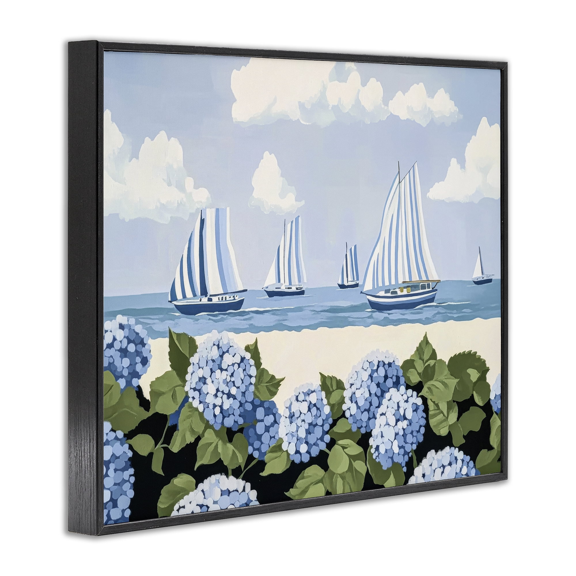 Stupell Industries Striped Sails & Seaside Hydrangeas Black Framed Giclee Art, design by Sisi and Seb