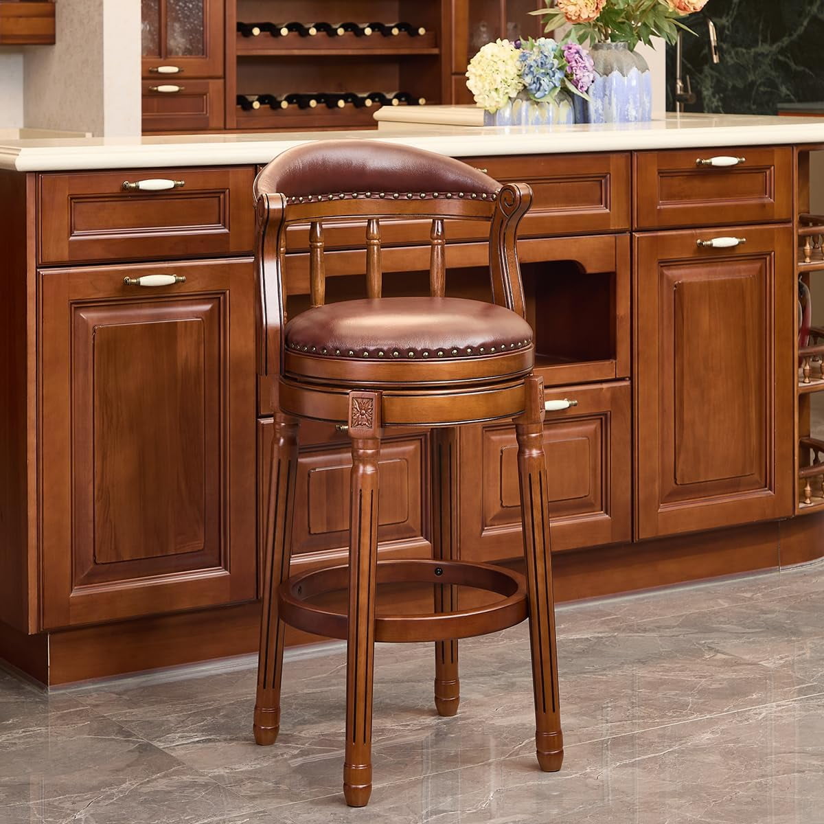 AULIFE Bar Stools Mid-Back Modern Swivel Barstools,Kitchen Counter Genuine Leather Upholstered Island Barstool with Footrest for Home Kitchen Dining Room