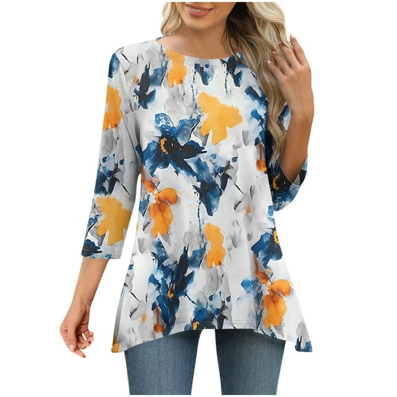 QQAMB 3/4 Sleeve Tunic Tops for Women Dressy Casual Crewneck Floral Printed Loose Blouse Flowy Shirts White S