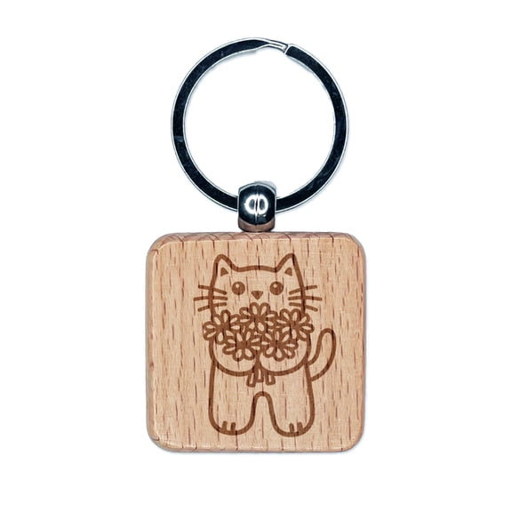 Cat Holding Flowers Square Keychain Charm Tag - Engraved Wood
