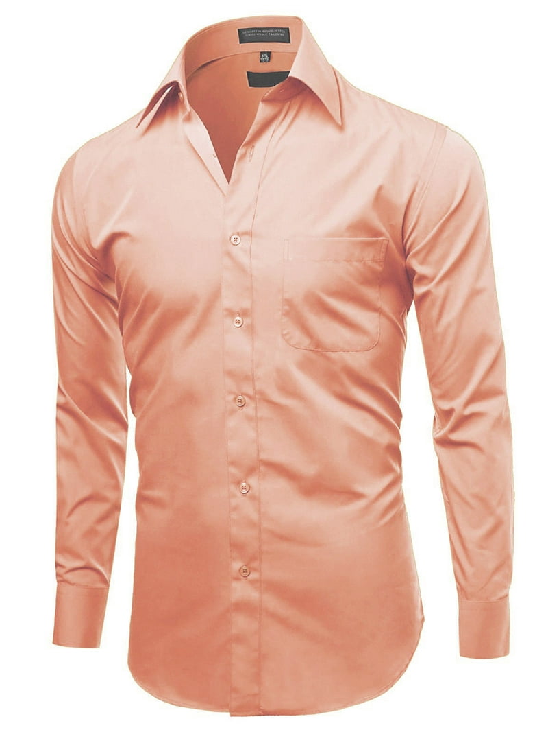 Men's Classic Fit Long Sleeve Wrinkle Resistant Button Down Premium Dress Shirt (Peach, M)