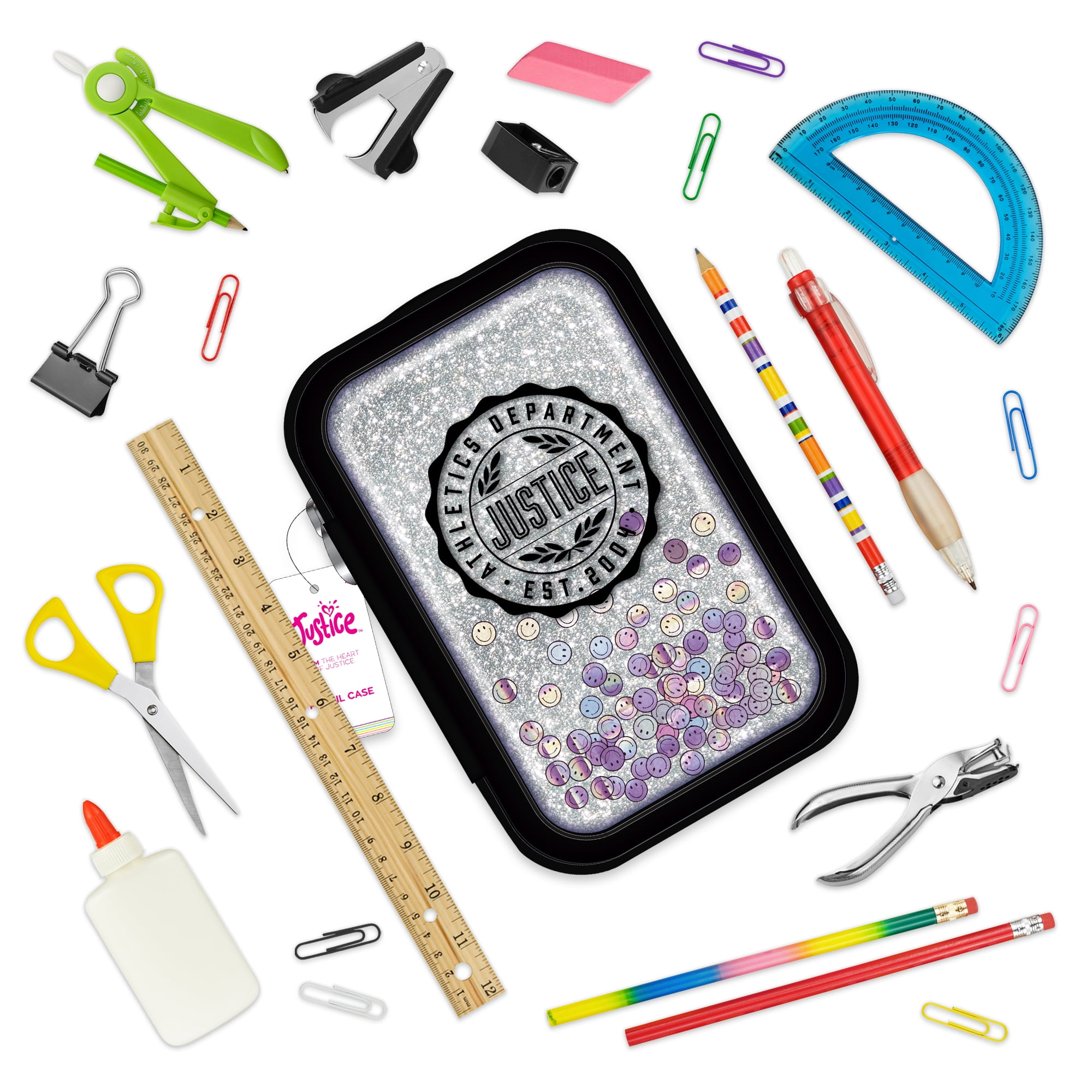 Justice Collegiate Metallics Pencil Case with Glitter and Confetti Accents