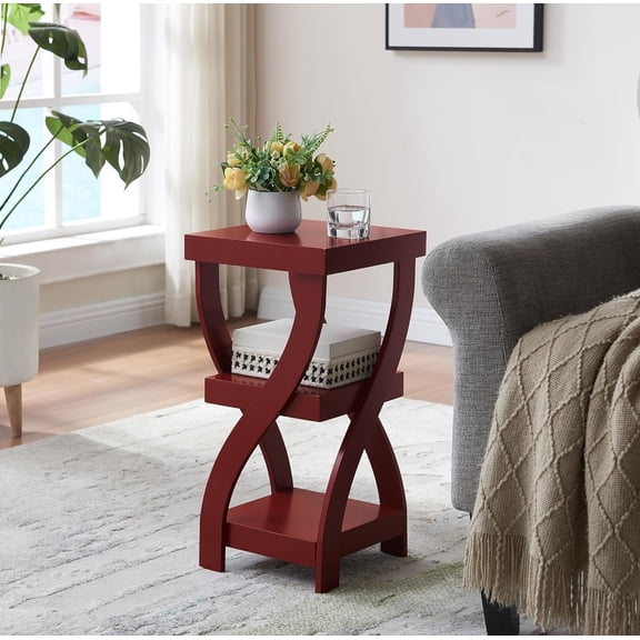 Kings Brand Furniture Lionel 3-Tier End Table, Twisted Wood Accent Side Table with Open Storage Shelves, Modern Narrow Nightstand for Living Room, Bedroom, Office or Entryway (Red)