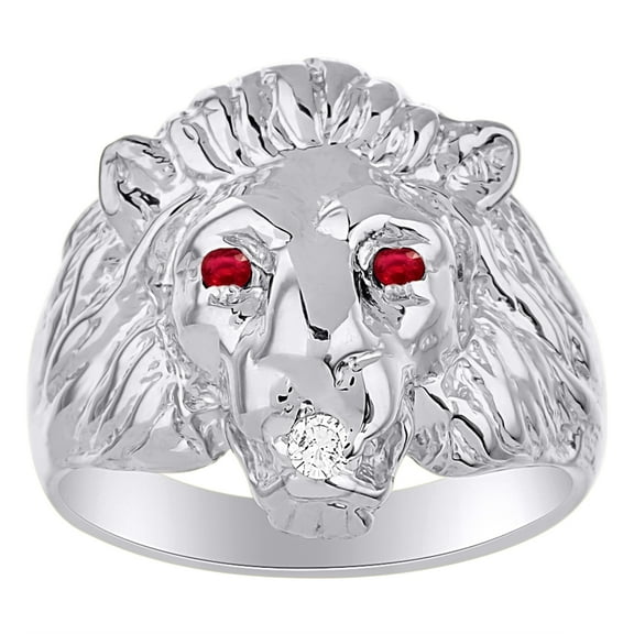 Lion Head Ring set with Genuine Diamond in mouth & Natural Rubies in eyes White Gold Plated over Sterling Silver .925