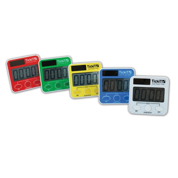 TickiT Dual Power Timers - Set of 5 - Red, Yellow, Green, Blue, White - Solar and Battery Powered Digital Timers