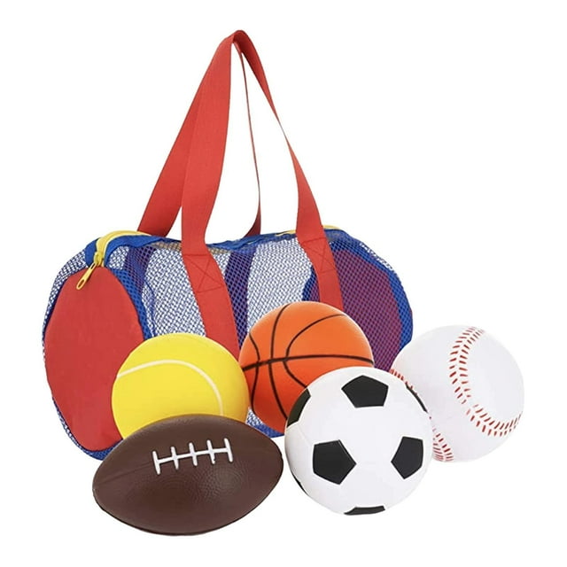 5 piezas el conjunto de pelotas deportivas para niños incluye fútbol, baloncesto, rugby, béisbol y voleibol multicolor con bolsa de red; vista frontal centrada con cinco pelotas de 9 cm (3.54 in) —fútbol blanco y negro, baloncesto naranja, béisbol blanco con costuras rojas, pelota amarilla y rugby marrón— delante de bolsa azul con asas rojas, ideal para juegos al aire libre y coordinación.