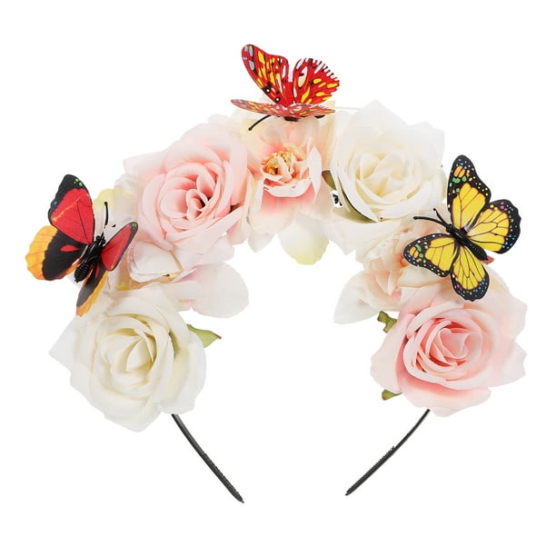 Diadema floral para fiesta de té, diadema con flores simuladas y mariposas, decoración para el tocado