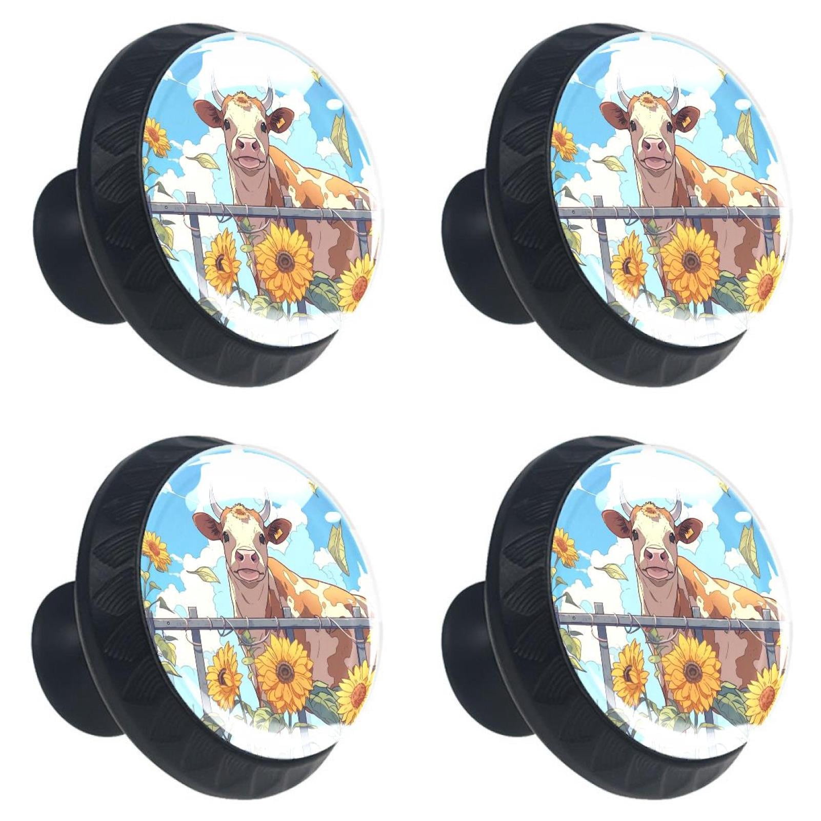 4 Pcs Cow and Sunflower Knobs for Kitchen Cabinet Cupboard Dresser Bookcase Drawer Pulls Handles Round Home Decor