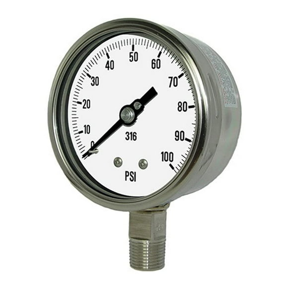 PIC Gauges 4001-2LA Bottom Mount Dry Process Pressure Gauge w/ SS Case/Internals/Removable Bezel, Glass Lens, 4" Dial, 30"/0 hg Vacuum psi Range, 1/2" Male NPT