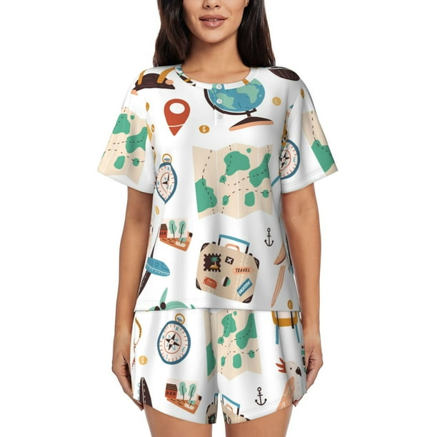 Balery Travel1 Conjunto de Pijama para Mujer con Estampado, Dos Piezas de Manga Corta y Shorts, Ropa de Dormir Suave con Cuello Redondo y Bolsillos-Large