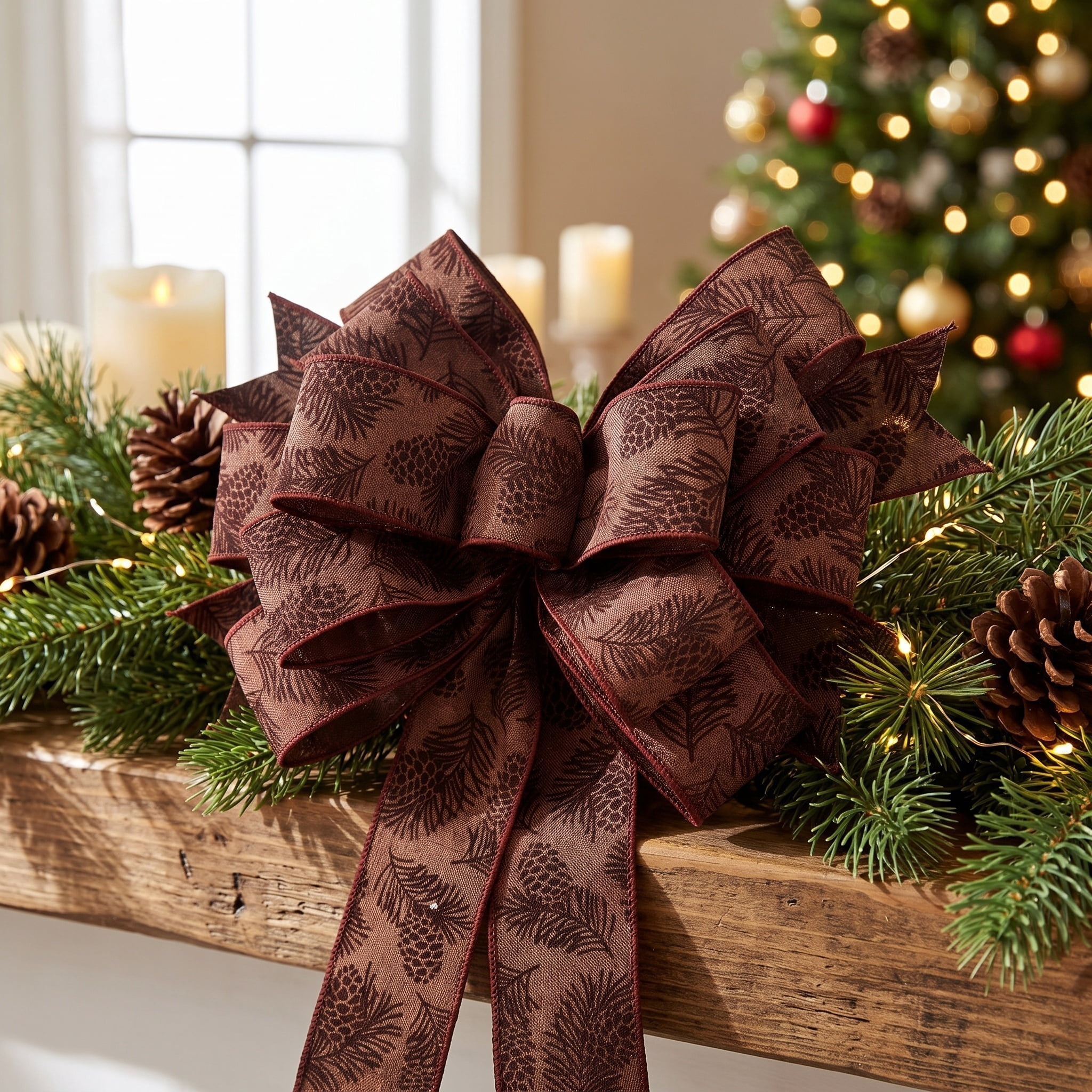 Brown Pinecone Pattern Decorative Christmas Bow, 31", by Holiday Time
