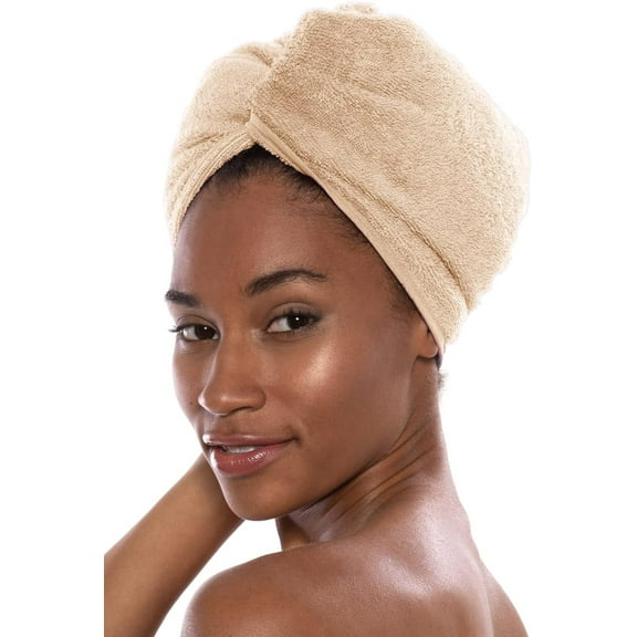 Texere Women's Viscose from Bamboo and Cotton Terry Hair Towel - Lightweight, Absorbent Quick Drying Hair Wrap for Thick and Curly Hair (Tya, Almond Buff, U)