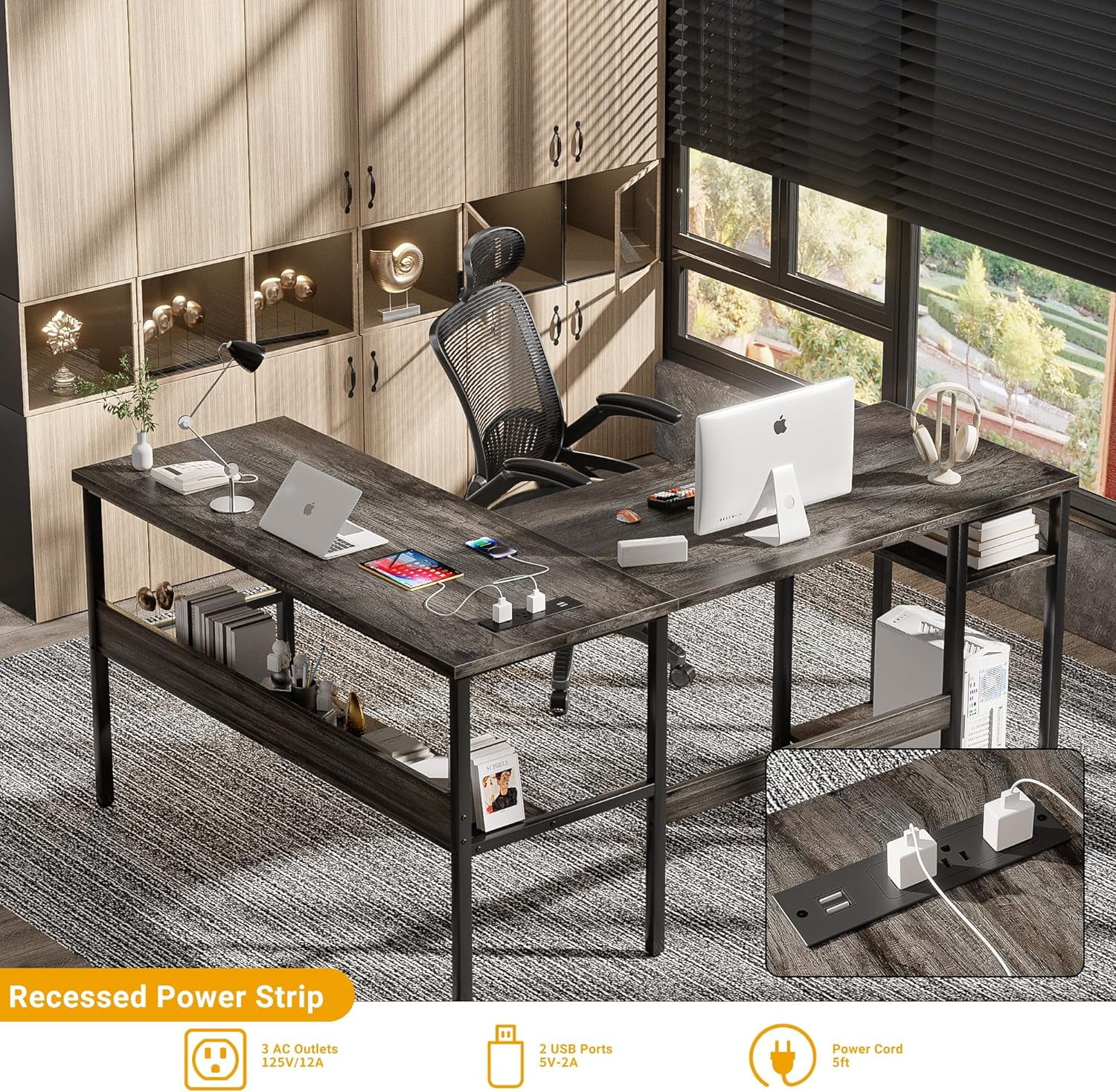 iSunirm Home Office L Shaped Desk with Magic Power Outlets and USB Charging Ports, 50.4"D x 42.5"W x 29"H, Storage Shelves, Reversible L Shaped Desk, Both Suitable for Students&Adults, Oak
