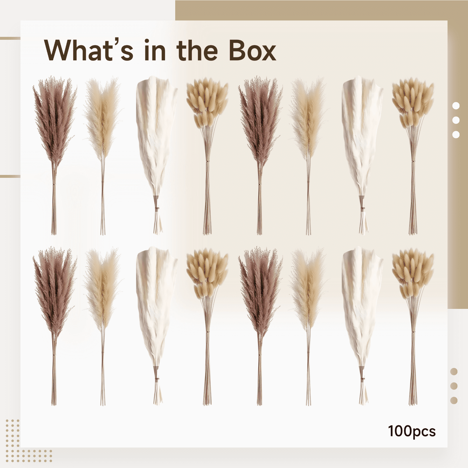 100 Pcs Pampas Grass Decor, Dried Flower Bouquet, Includes Pampas Grass, Reed, Bunny Tails, & Feathertail, 17.3 in / 44 cm, Natural Boho Floral Arrangement for Home, Wedding, DIY Décor