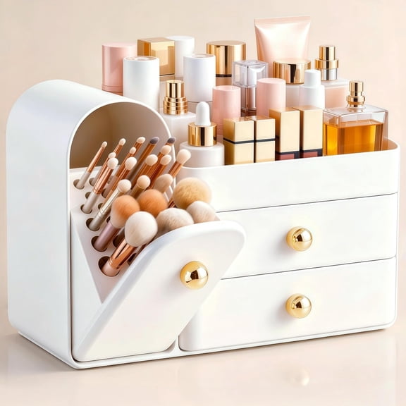 HBlife Makeup Organizer Countertop with Drawers, Vanity Organizers with Brush Holder, All White