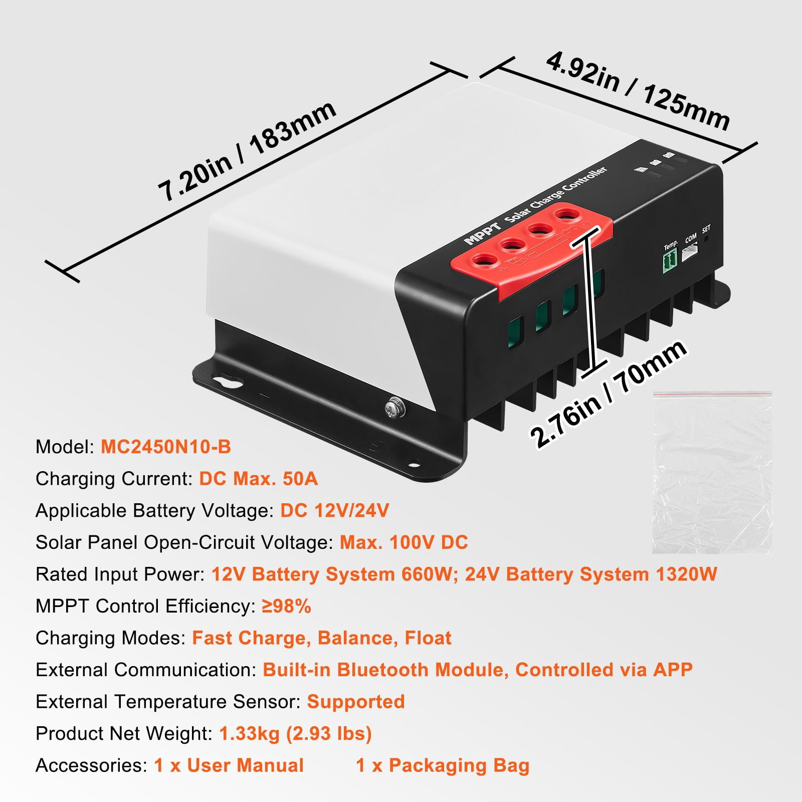 50A MPPT Solar Charge Controller 98% Efficiency Bluetooth Monitoring 12V/24V for AGM Gel Flood Lithium Batteries
