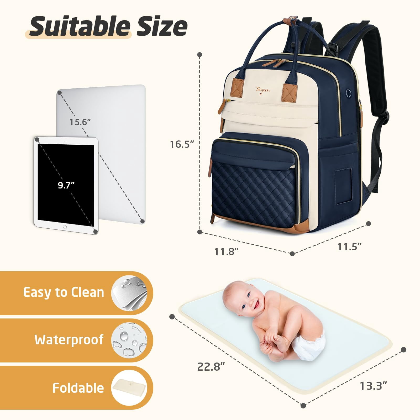 Diaper Bag Backpack, Extra Large for Twins & 2 Kids, Expandable 25-37L Travel Baby Bag with Changing Pad & Earphone Hole, Apricot Blue
