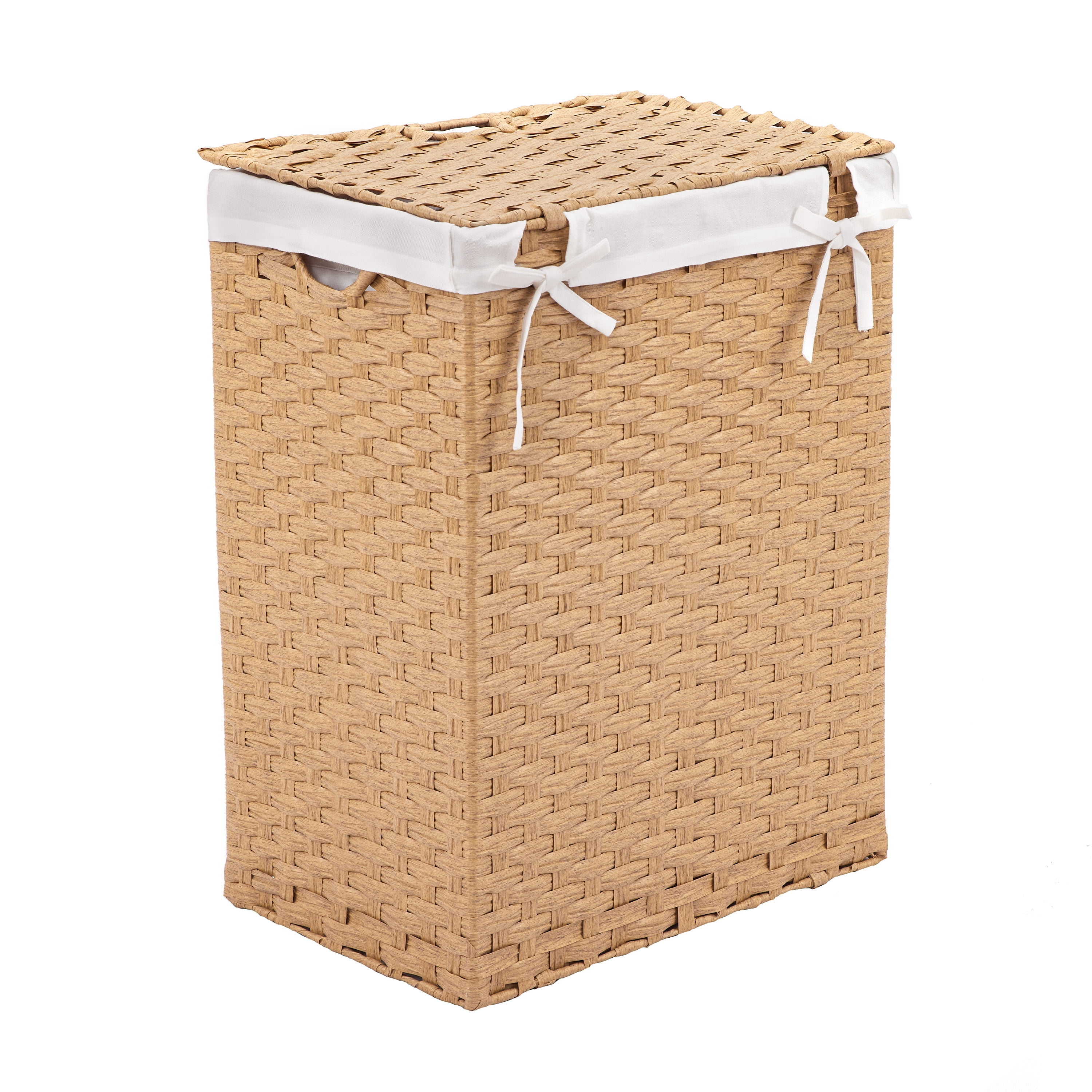 Seville Classics Handwoven Lidded Removable Washable Canvas Liner Portable Laundry Hamper Bin, Tan