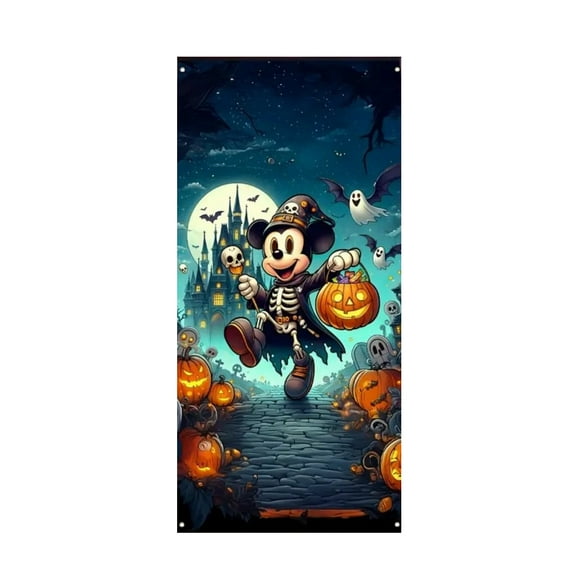 Skull Mickey Halloween pumpkin ghost door cover decoration, 35*79 inch door curtain door cover banner photography background suitable for room dormitory indoor and outdoor decoration
