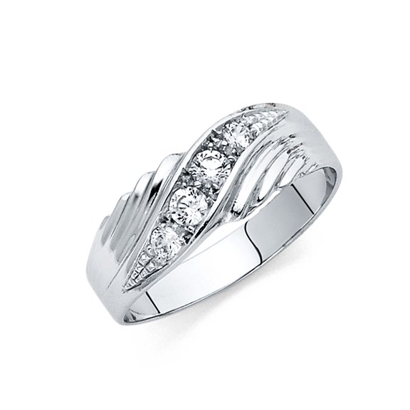 Wellingsale Men's Solid 14k White Gold Polished CZ Cubic Zirconia Wedding Band - Size 8