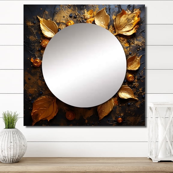 Designart "Abstract Golden Sunflower Glamour I" Sunflower Gold Large Square Mirror - Square Bedroom Mirror Printed Wall Decor - Traditional Square Printed Wall Mirror Art