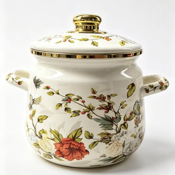 2.6QT Vintage Floral & Bird Enamel Stockpot with Lid, Dual Handles, Gold Trim Multi‑Stove Safe Cooking Pot for Soup Stew