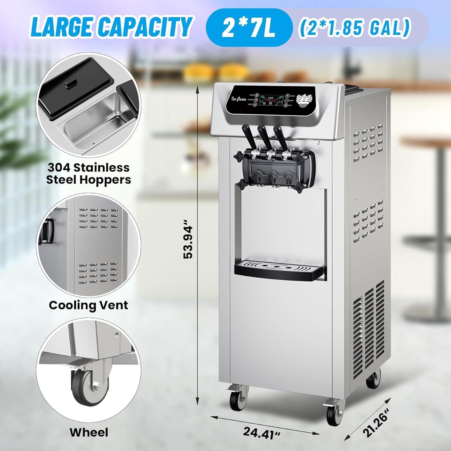 Sakiyr Commercial Ice Cream Maker Machine, 5.8-8 Gal/Hr Yield,2+1 Flavors Soft Serve Machine with Two 7L Hoppers, LCD Touch Screen, Automatic Cleaning for Home Snack Bar & Restaurants