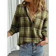 thumbnail image 4 of Women'S V Neck Plaid Shirts Dressy Casual Button-Down Business Work Boho Tops Long Sleeve Fall Outfits Grass Green L, 4 of 9