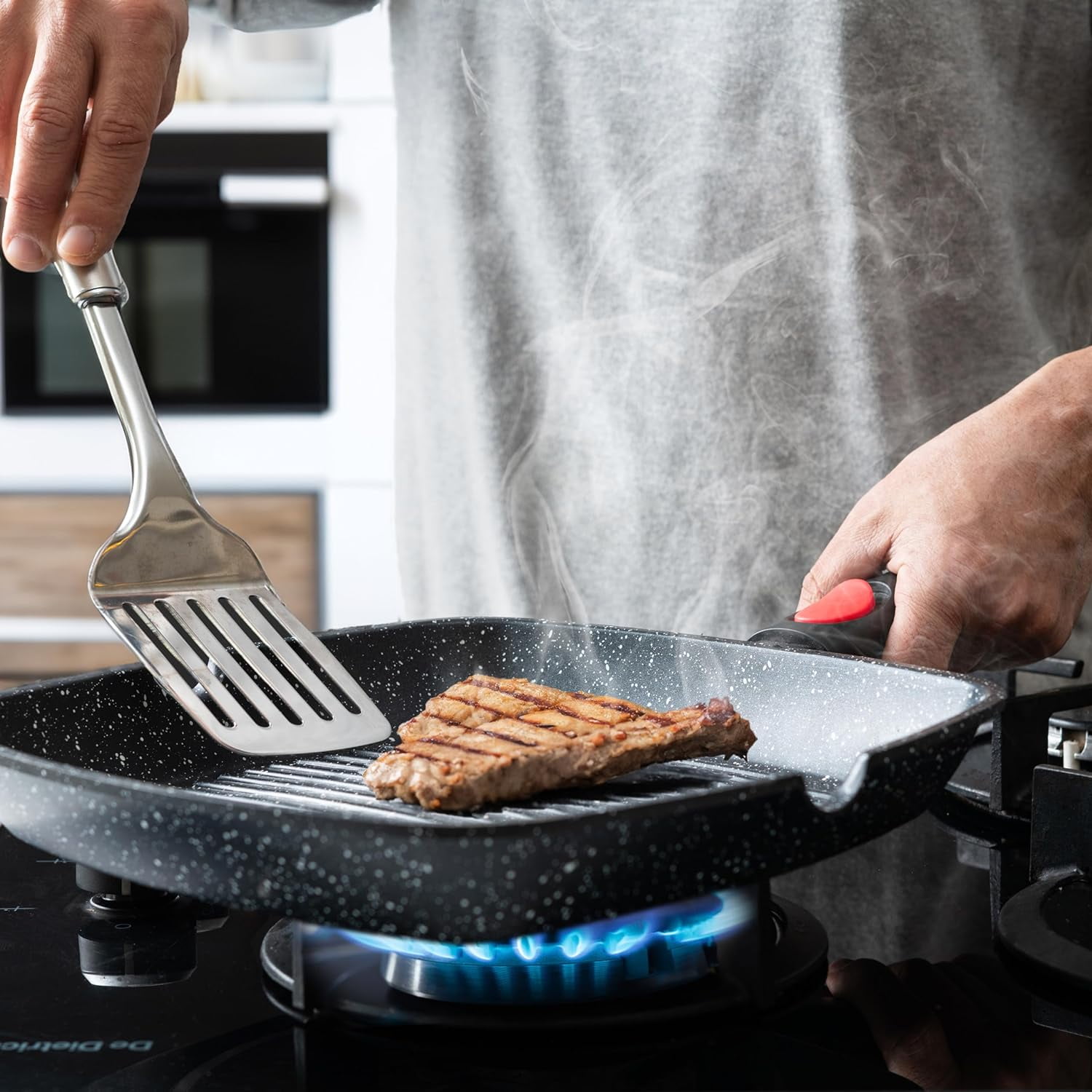 Moss & Stone Square Grill Pan For Indoor Cooking, Rv Die Casting Aluminum Grill Pan, Removable Handle Nonstick Stove Top Grill Pan for Meats & Vegetables, 11In Square Pan with Detachable Handle