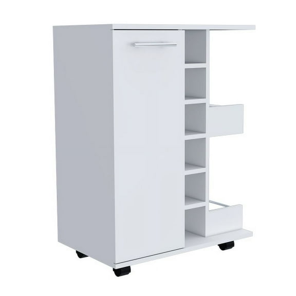 Dtwnek Bar Cart with 4 Casters, 6 Wine Cubbies, Single Door Cabinet, White