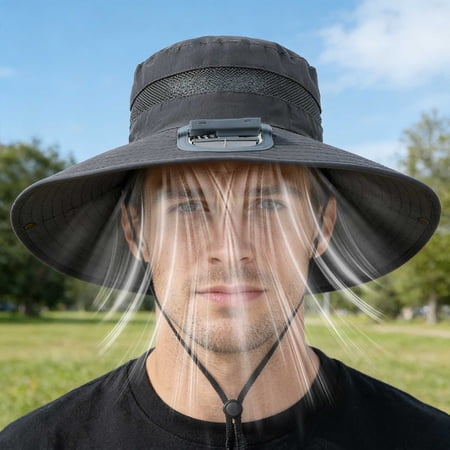 Uandlove Men s Solar Fan Hat with USB Charging - Strong Wind Cooling Fisherman Bucket Hat UPF 50+ Sun Protection Wide Brim Outdoor Mesh Cap for Fishing Hiking Gardening