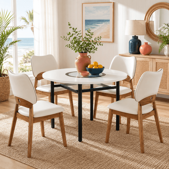 5-Piece Dining Set With 42" Round Table and 4 White PU Chairs for Dining Room