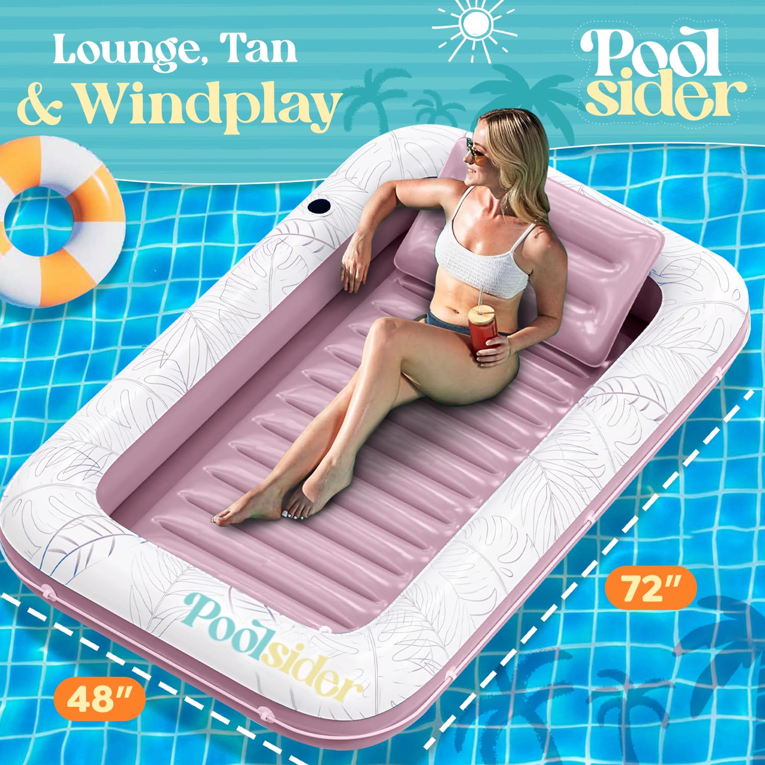 All-in-One Inflatable Tanning Pool Lounger - Giant 80x56" Water Bed Float With Cup Holders & Pillow
