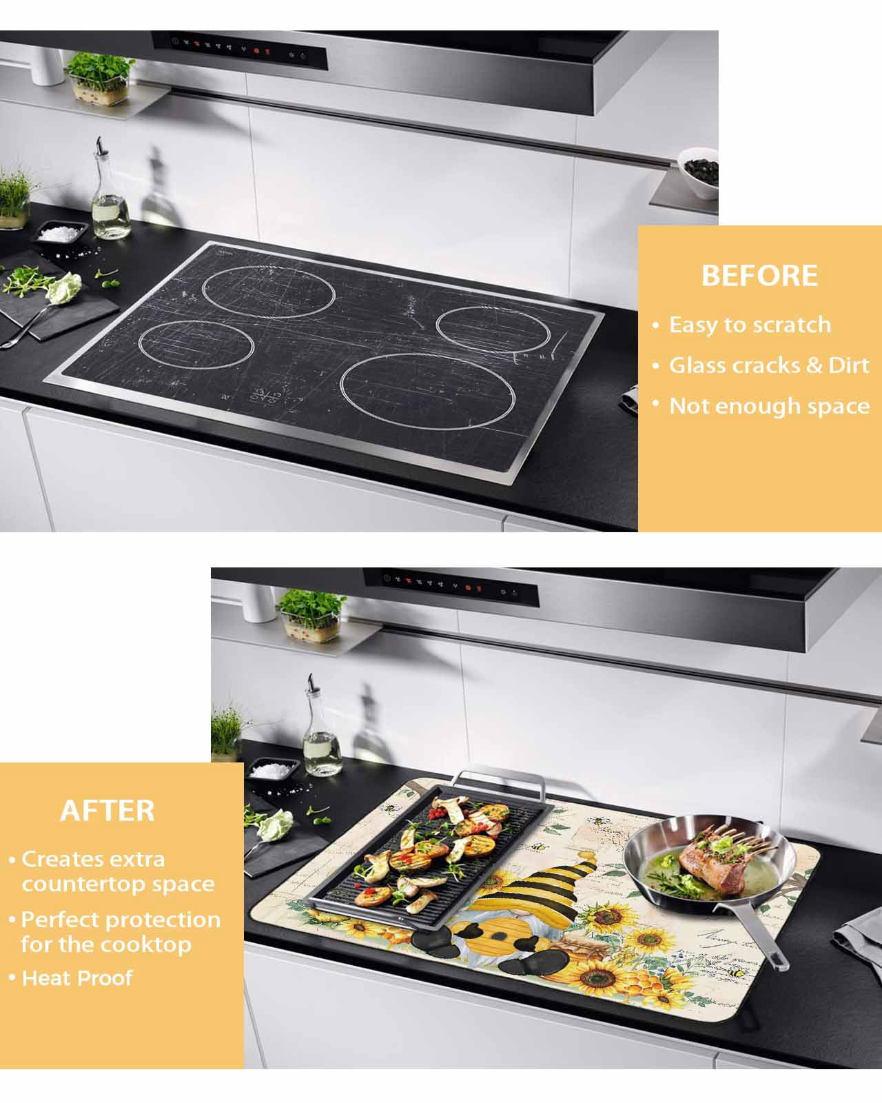 Large Induction Cooktop Protector Mat Gnomes Sunflower Stove Top Covers for Electric Stove, Bees Branches Floral Watercolor Decorative Stove Burner Cover Mats, Glass Top Stove Cover