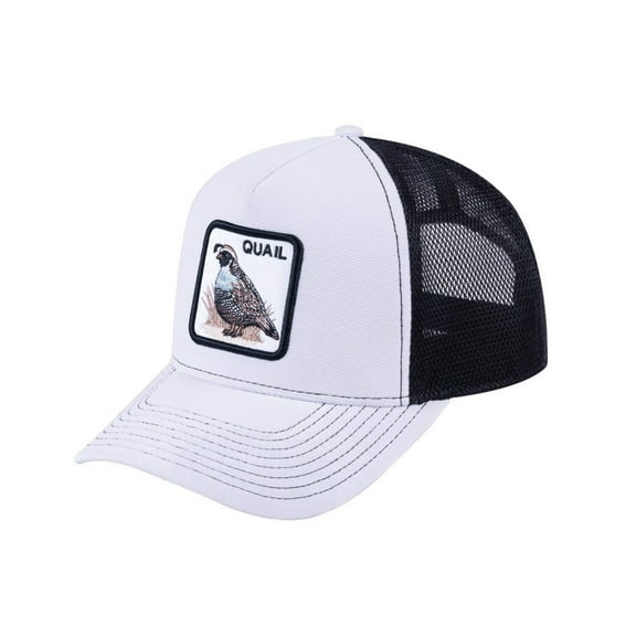 Unisex V2 Embroidered The Quail, 5-Panel Trucker Hat, White/Black, Adjustable Fit
