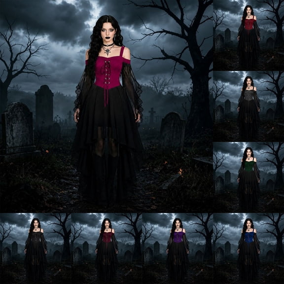 FASHOFT Halloween Dresses for Women Butterfly Sleeve Mesh Halloween Renaissance Vampire Gothic Outfit L