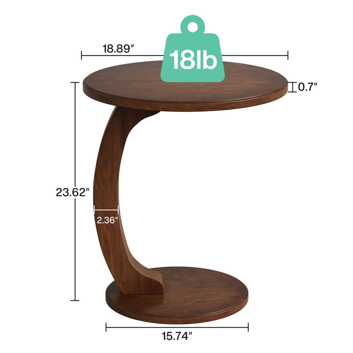 Demi Bonn Round Solid Wood Side Table, C-Shaped End Table Nightstand for Small Spaces, Living Room, Bedroom, Brown