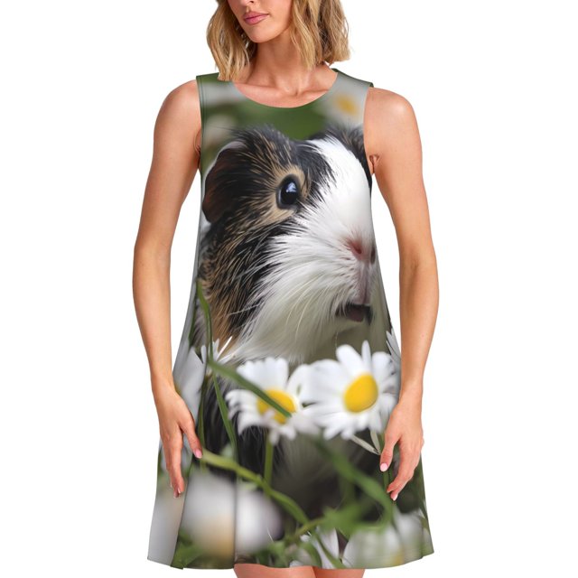 Easygdp Daisy Guinea Pig para Vestido Transpirable de Mujer, Vestido Suelto de Manga Corta con Pliegues y Bolsillos para el Verano