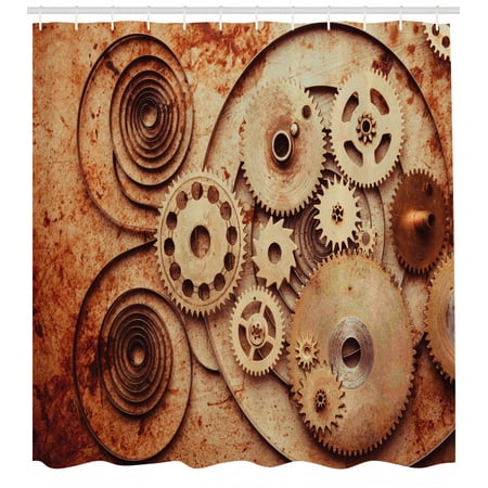 Old Clock Gears Vintage Shower Curtain, Mechanical Clocks Details Old Rusty Look Backdrop Gears Steampunk Design, Fabric Bathroom Set with Hooks, Dark Orange Beige, by Ambesonne ()