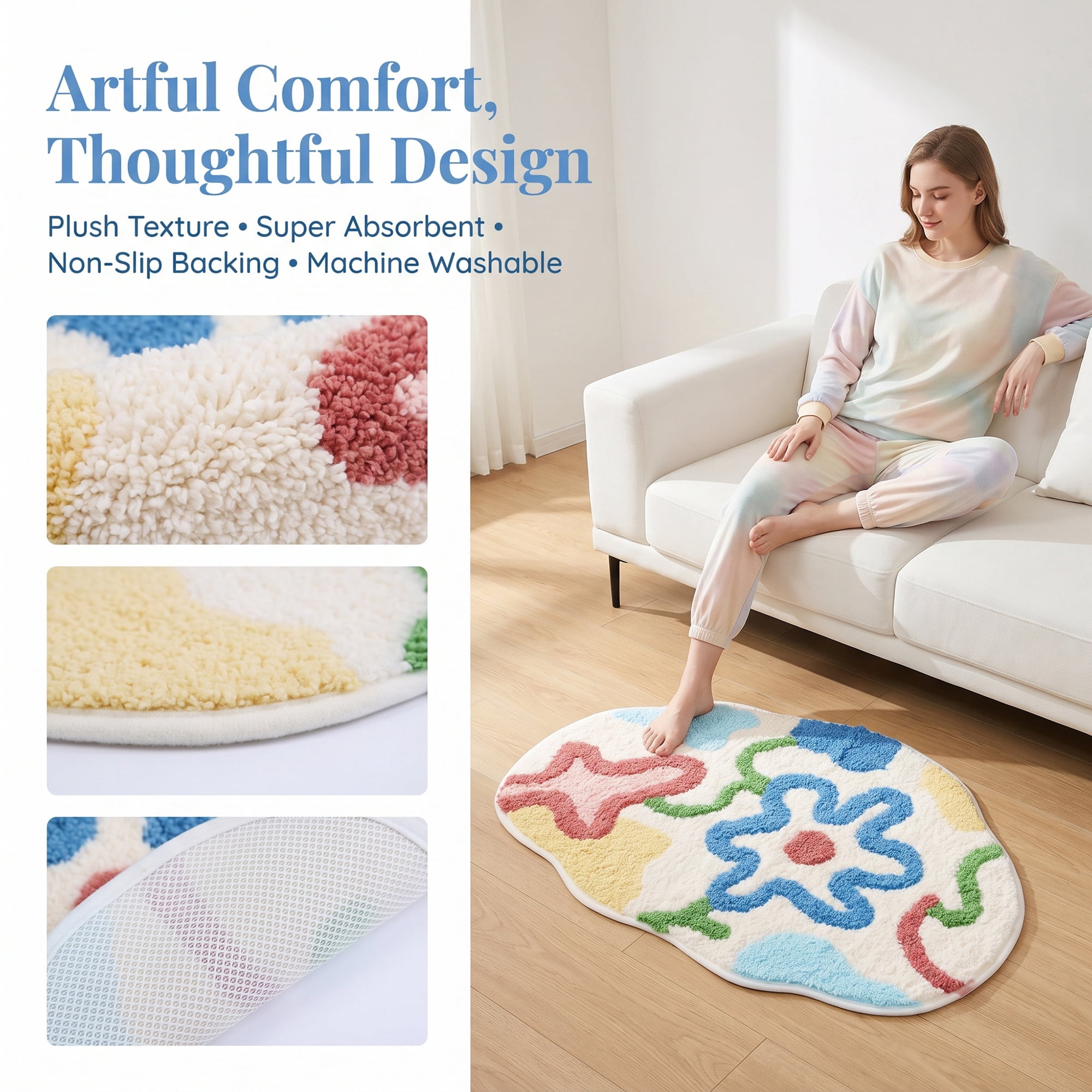 Unique Bargains Printed Bathroom Rug Ultra Soft Absorbent Plush Bath Mat Multicolor 30" x 18"