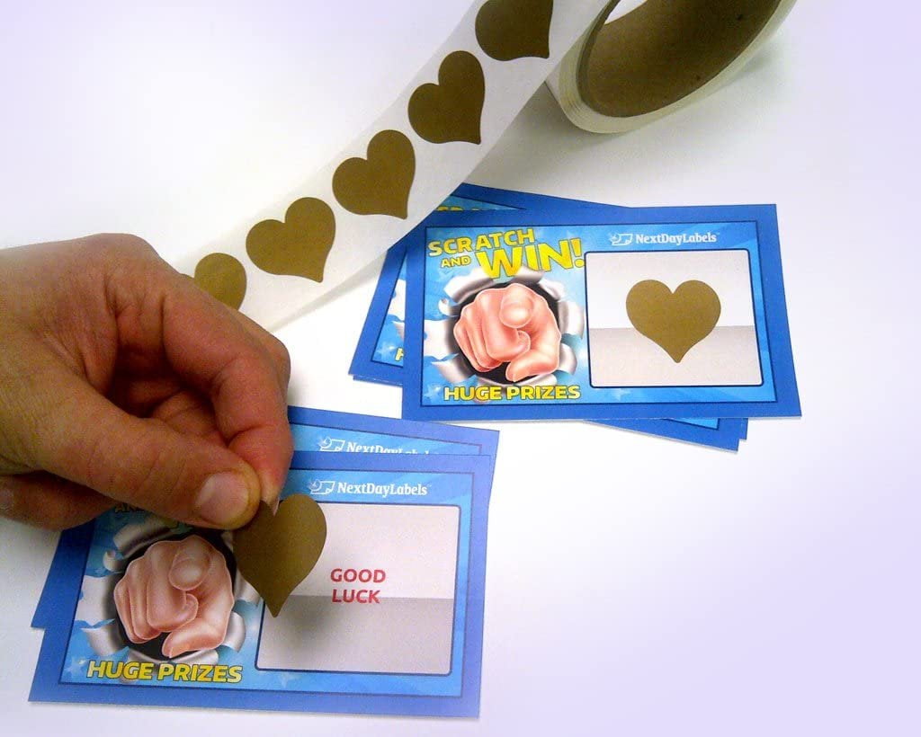 1-1/4 Heart Shape Gold - 500 Scratch Off Labels Stickers, Designed to Create Your own Scratch-Off Cards, Raffles, Promotions, Wedding, Fun, Games etc.